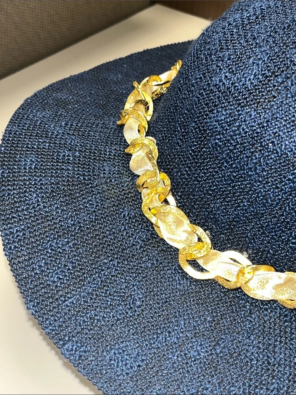Marcus Adler Women’s Navy Straw like Wide-Brim Hat Gold Chain Trim
